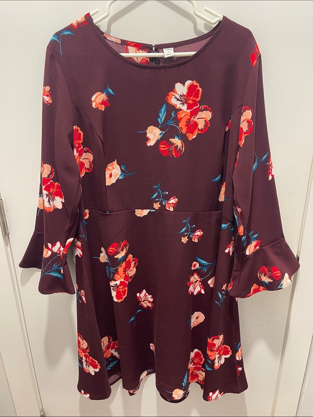 Old Navy Plum Floral Long-Sleeve Fit-&-Flare Dress with Red and Teal Accents